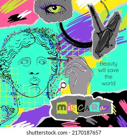 Vector abstract illustration of Greek sculpture Venus de Milo. Fashion illustration, mascara advertisement in collage style. Bright design in psychedelic style. Glitch effect, interference, breakdowns