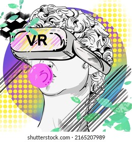 Vector abstract illustration of a Greek statue of David with pink bubble gum wearing virtual reality glasses in psychedelic style. Ancient art and modern style. Virtual reality. Trippy