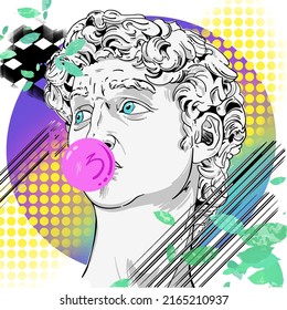 Vector abstract illustration of a Greek statue of David with pink gum in psychedelic style. Ancient art and modern style. Virtual reality.Trippy