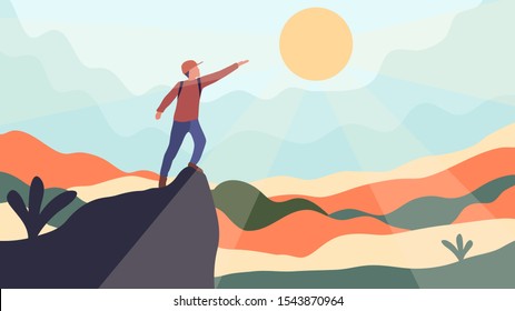 Vector abstract illustration. The guy on the rock reaches for the sun. Creative idea: achieve goals, reach for dreams. Flat cartoon design. Concept of discovery, exploration, hiking and travel.