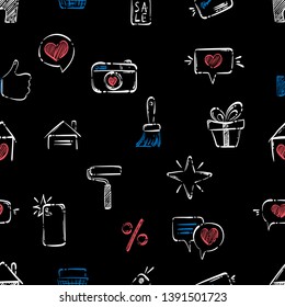 Vector abstract illustration with hand drawn icons. Sketch. Seamless pattern.