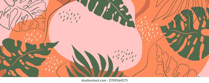 Ilustración abstracta de Vector con plantas tropicales dibujadas a mano y fondo de Formas geométricas. Plantilla de diseño de arte moderno para cartel, tarjeta, publicidad, invitación, Anuncio de Web, cubierta