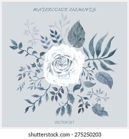 Vector abstract illustration with hand drawn watercolor white rose flower,  fantasy blue  leaves on a light grey background