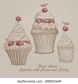 Vector abstract illustration of hand drawn cupcake silhouette with cream and cherry on the top. Brown and red  monochrome sketch on a beige dotted background 