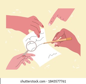 Vector abstract illustration with hands that sign and check document. The way of turnover documents, amendments, and revisions is shown. It can be used in web design, banners, etc.
