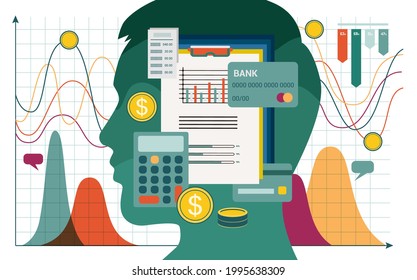 Vector abstract illustration, head of person thinking about budget, money. Cover Background for web page with payment schedules, bank cards, checks and bills.