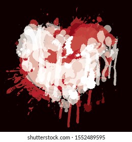 Vector abstract illustration of heart sign with red and white blots and drops. A bloody heart with spots and splashes on a black background. Suitable for wedding cards, Valentine day, t-shirt design
