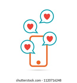 Vector abstract illustration of heart signs on talk bubbles out from a smartphone.