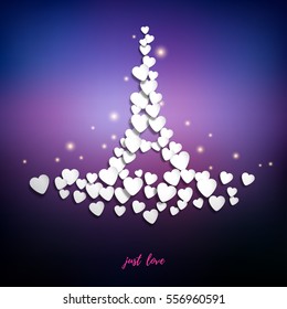 Vector abstract illustration. Hearts in the form of the Eiffel Tower on purple background. Inscription Just love. Valentine's Day or wedding. 