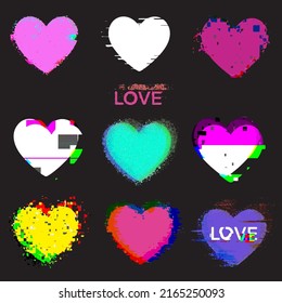Vector abstract illustration of hearts in glitch style. Set of elements in psychedelic style. Interference, breakage, distortion. Trippy