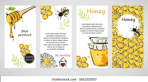 Vector Abstract Illustration With Honey, Honeycomb, Bee And Chamomile. Abstract Banner