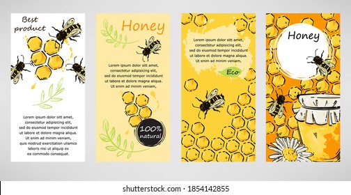 Vector abstract illustration with honey, honeycomb, bee and chamomile. Abstract banner