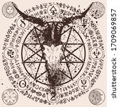 Vector abstract illustration with a horned goats head, a pentagram, occult and witchcraft signs. Banner with a satanic symbol and magic runes written in a circle in retro style