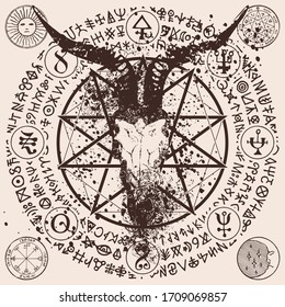 Vector abstract illustration with a horned goats head, a pentagram, occult and witchcraft signs. Banner with a satanic symbol and magic runes written in a circle in retro style