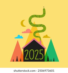 Vector abstract illustration with house, mountains, pine trees, clouds moon and 2025 New year symbol Green tree snake. 2025 New year celebration poster, greeting card template.