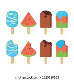 Vector abstract illustration of Ice creams isolated on white background. Chocolate, Ice cream on stick, Watermelon on stick, bitten off Ice cream. Flat vintage design for posters and advertisment