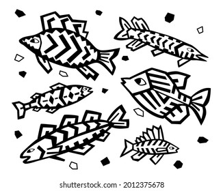 Vector abstract illustration with image of fish in style of ethnic drawing, rock art. Concept sea inhabitants. It can be used as separate elements in design of websites, banners, advertisements, etc.