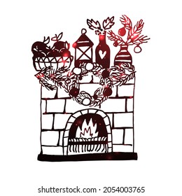 Vector abstract illustration of an isolated fireplace decorated with Christmas toys. Texture of the red starry sky, galaxies. You can use element in web design, banners, etc.