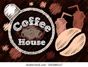 Vector abstract illustration. Isolated logo in a design. The concept of coffee house. Scribble style in 10 EPS.