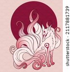 vector abstract illustration of japanese fantasy creature nine tailed fox kitsune in red colours 