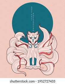 vector abstract illustration of japanese fantasy creature nine tailed fox kitsune in blue and orange colours