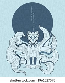 vector abstract illustration of japanese fantasy creature nine tailed fox kitsune in blue colours