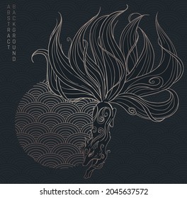 vector abstract illustration of japanese fantasy creature nine tailed fox kitsune in black and gold colours