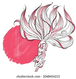 vector abstract illustration of japanese fantasy creature nine tailed fox kitsune in red colours and rough texture