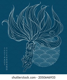 vector abstract illustration of japanese fantasy creature nine tailed fox kitsune in blue and silver colours