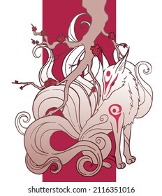 vector abstract illustration of japanese fantasy creature nine tailed fox kitsune with branch