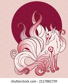 vector abstract illustration of japanese fantasy creature nine tailed fox kitsune in red colours 