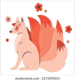 vector abstract illustration of Japanese fantasy creature nine tailed fox kitsune. mythology magical Kitsune nine tails fox.