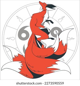 vector abstract illustration of Japanese fantasy creature nine tailed fox kitsune. mythology magical Kitsune nine tails fox. Nine-taled fox or kumiho, asian fairytale character illustration