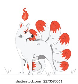 vector abstract illustration of Japanese fantasy creature nine tailed fox kitsune. mythology magical Kitsune nine tails fox. Nine-taled fox or kumiho, asian fairytale character illustration