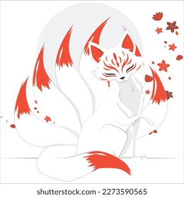 vector abstract illustration of Japanese fantasy creature nine tailed fox kitsune. mythology magical Kitsune nine tails fox. Nine-taled fox or kumiho, asian fairytale character illustration