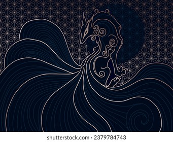 vector abstract illustration of japanese fantasy creature nine tailed fox kitsune in black and gold colours