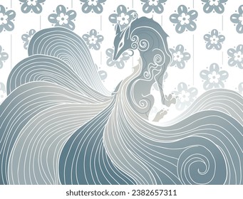 vector abstract illustration of japanese fantasy creature nine tailed fox kitsune in light gradient colours