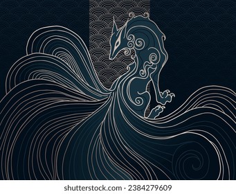  vector abstract illustration of japanese fantasy creature nine tailed fox kitsune in black and gold colours