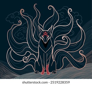 vector abstract illustration of japanese fantasy creature nine tailed fox kitsune in black and gold colours