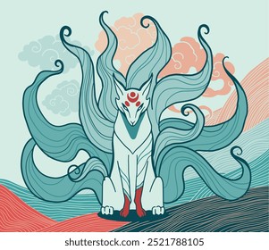 vector abstract illustration of japanese fantasy creature nine tailed fox kitsune