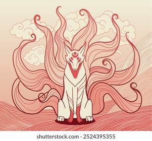 vector abstract illustration of japanese fantasy creature nine tailed fox kitsune