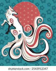 vector abstract illustration of japanese fantasy creature nine tailed fox kitsune, bright colors