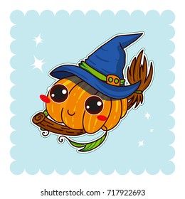 Vector abstract illustration of kawaii costumed pumpkin. Halloween smiling pumpkin with big anime eyes, blue witch hat on cute broom. Funny cartoon character for kid Halloween design