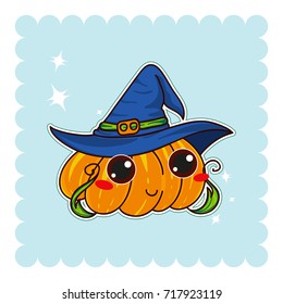 Vector abstract illustration of kawaii costumed pumpkin. Halloween smiling pumpkin with big anime eyes, blue witch hat and cute leaves hands. Funny cartoon character for kid Halloween design