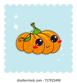 Vector abstract illustration of kawaii pumpkin. Halloween smiling pumpkin with big anime eyes and curly leaf. Funny cartoon character for kid Halloween design