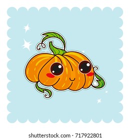 Vector abstract illustration of kawaii pumpkin. Halloween smiling pumpkin with cute leaves hands and green wave. Funny cartoon character for kid Halloween design