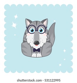 Vector abstract illustration of kawaii siberian husky, Alaskan malamutes or wolf. Cartoon husky dog with big blue sparkle eyes and tongue, big hipster glasses and bow-tie. Abstract flat style 