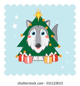Vector abstract illustration of kawaii siberian husky, Alaskan malamutes or wolf. Cartoon husky dog with Christmas tree with star and presents. Funny smiling face and big blue sparkle eyes 