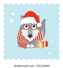 Vector abstract illustration of kawaii siberian husky, Alaskan malamutes or wolf. Cartoon husky dog in Santa Claus outfit, scarp, glasses and hat, big blue sparkle eyes 
