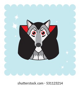 Vector abstract illustration of kawaii siberian husky, Alaskan malamutes or wolf. Cartoon vampire dog with big red sparkle eyes and Dracula cloak. Abstract flat style 